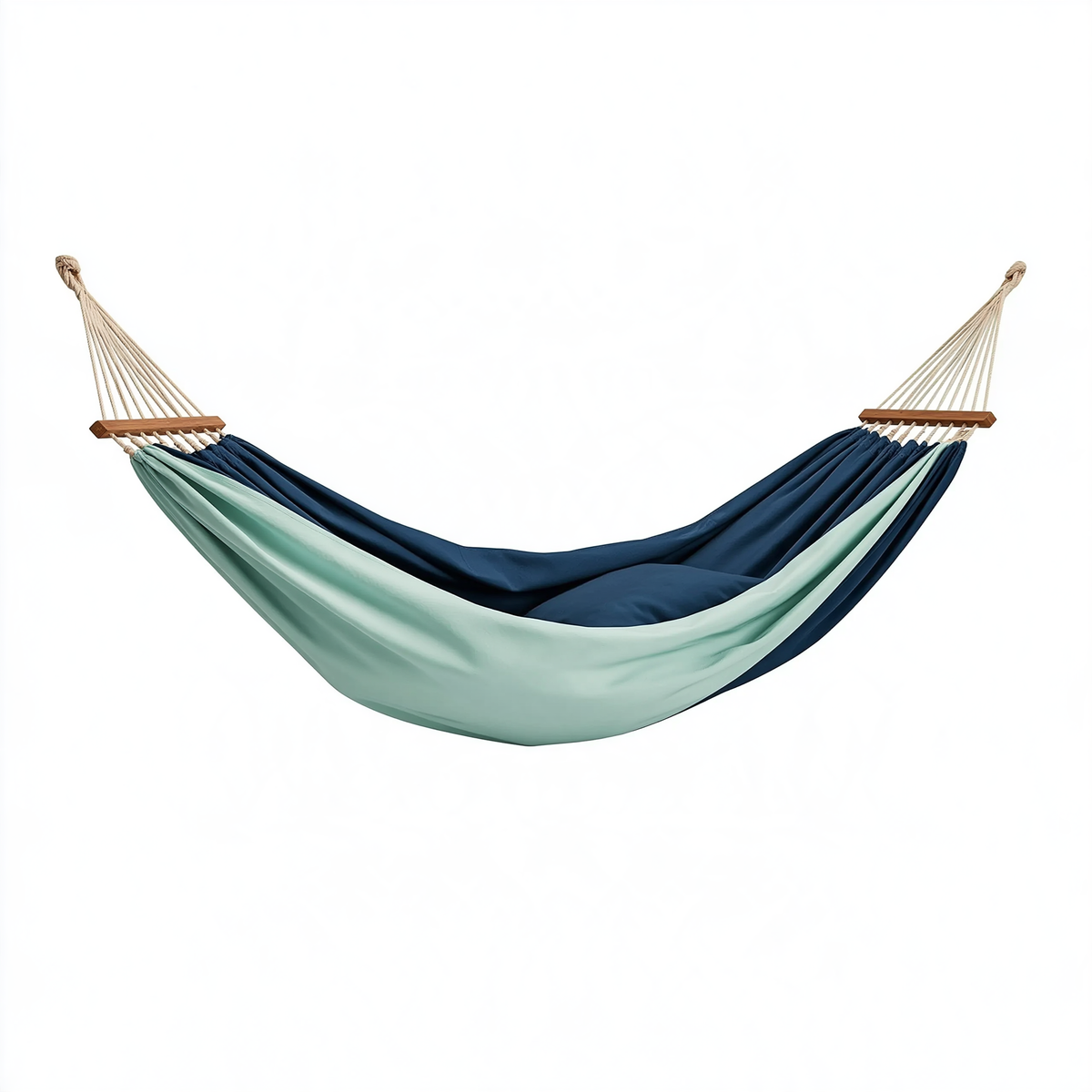 Amaca da giardino 300 x 100 cm in tessuto blu scuro e verde acqua con barre in legno - sospesa