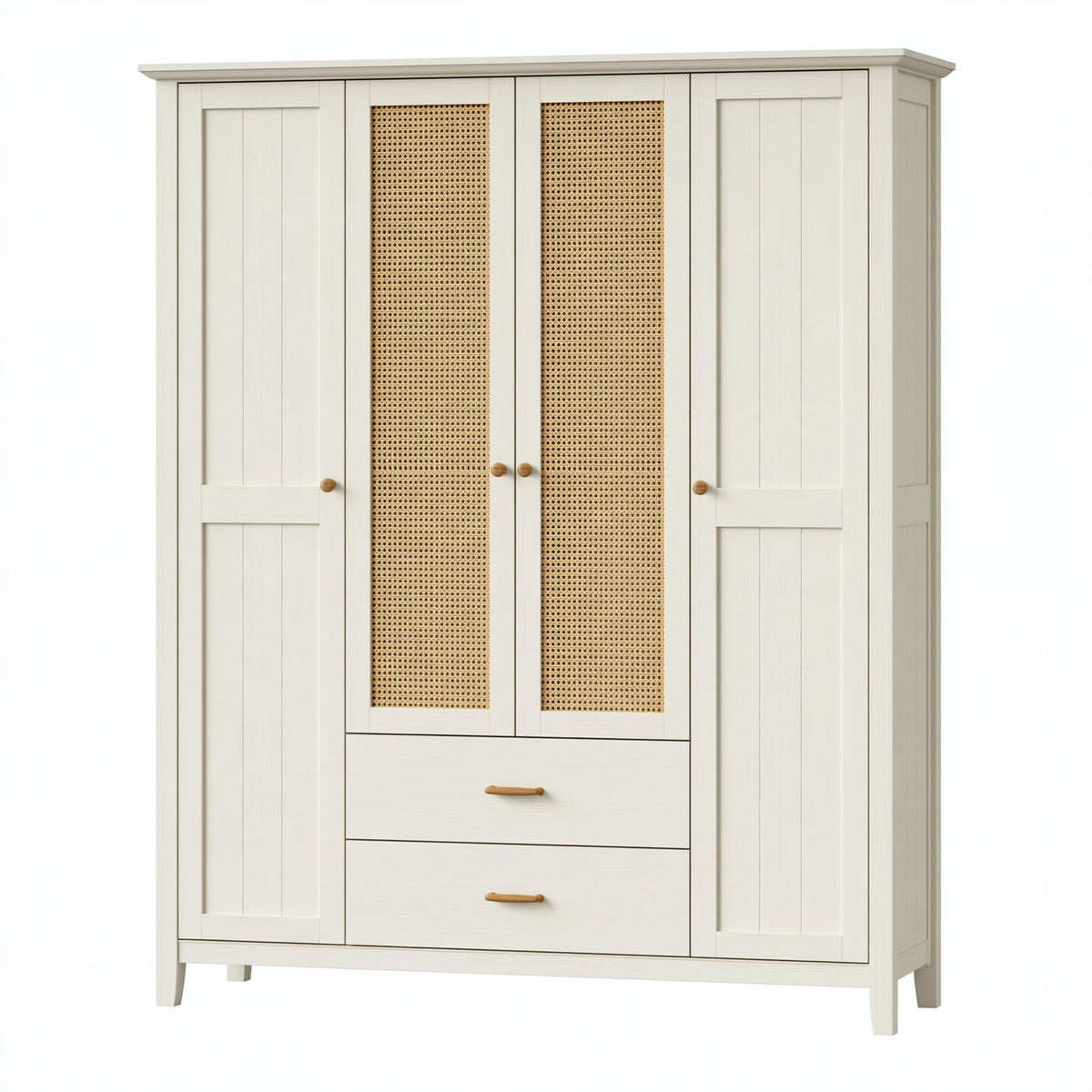 Armadio guardaroba 180 x 55 x 200 cm in legno bianco e rattan con 4 ante e 2 cassetti stile naturale