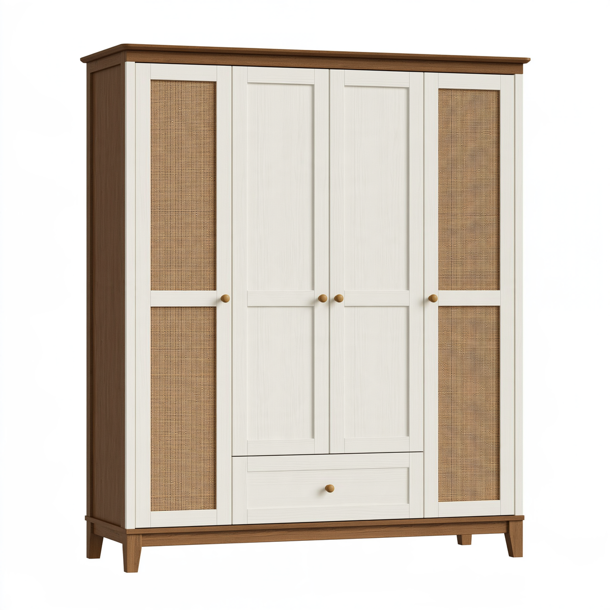 Armadio 180 x 60 x 200 cm in legno bianco/marrone con ante in rattan e cassetto stile naturale