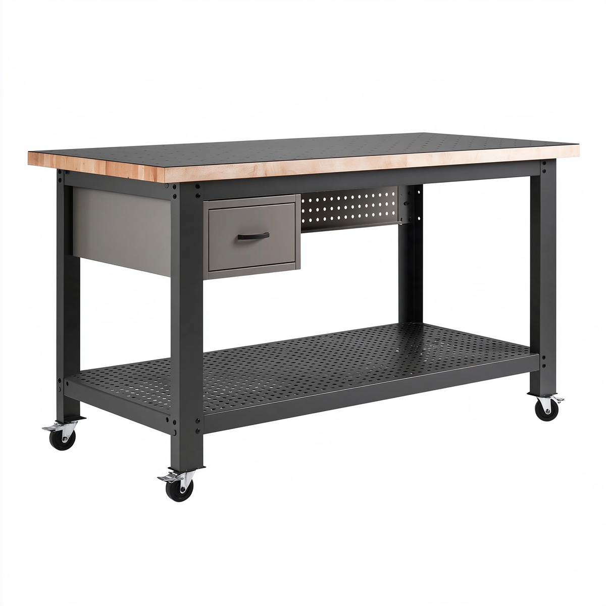 Banco da lavoro 152 x 61 x 91 cm in acciaio e legno nero/naturale con ruote e cassetto industriale