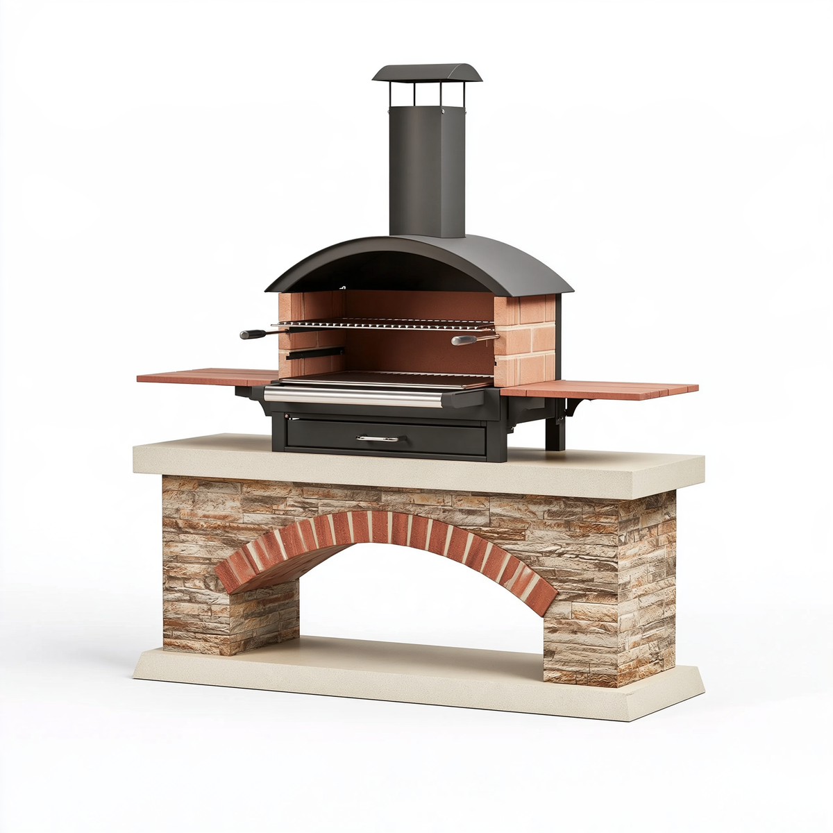 Barbecue in muratura 160 x 80 x 230 cm - acciaio e laterizio nero terracotta da esterno con griglia e cappa