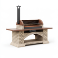 Barbecue in muratura 180 x 85 x 210 cm in mattoni refrattari beige e legno con camino per esterni