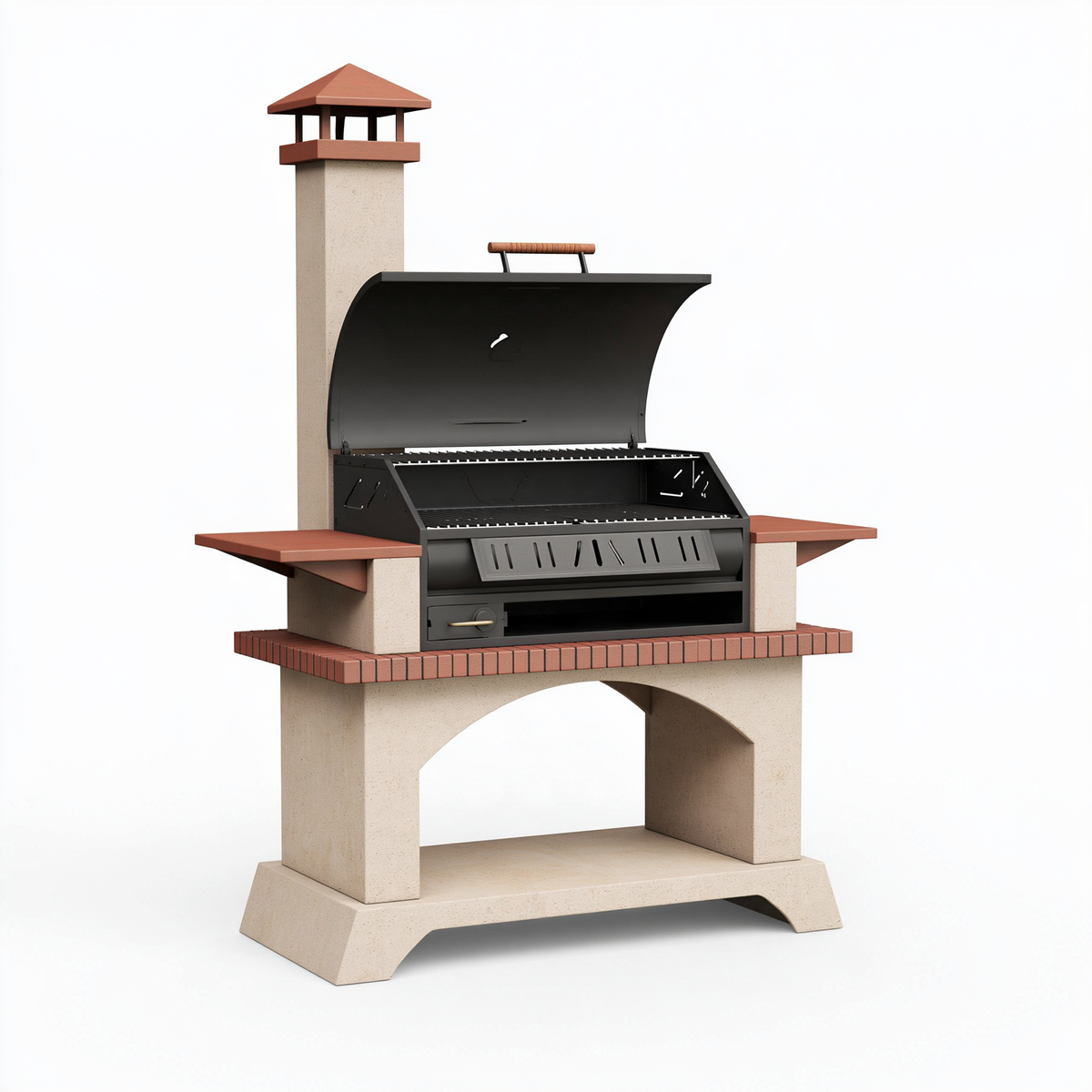 Barbecue da giardino 140 x 70 x 220 cm in muratura beige e acciaio nero - con camino e griglia