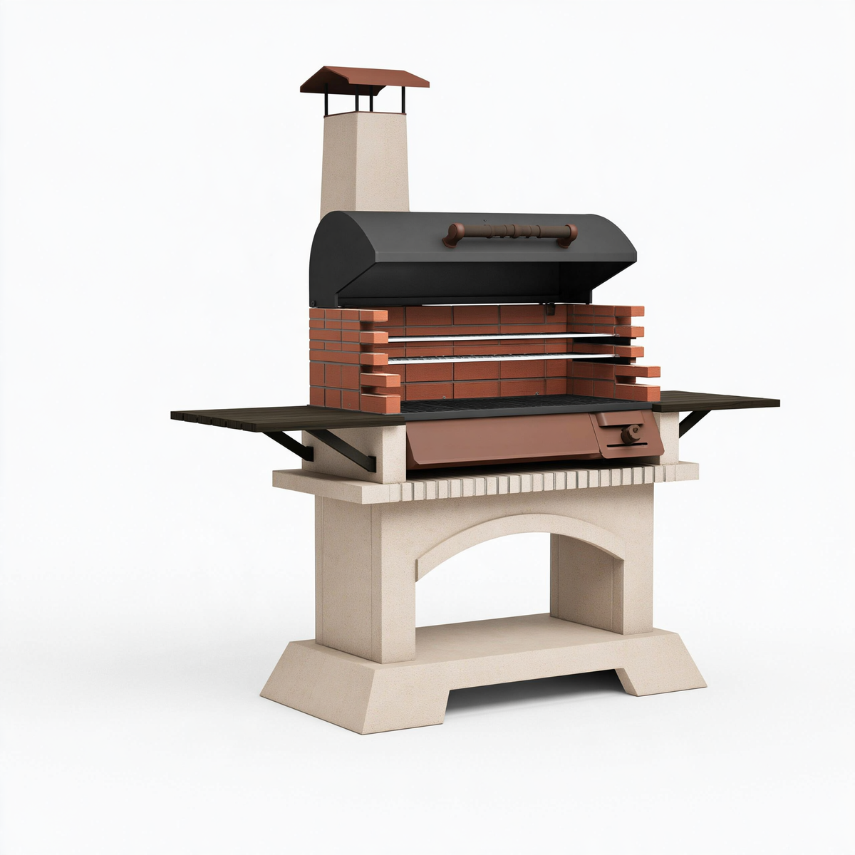 Barbecue da giardino 160 x 90 x 235 cm in muratura beige e mattoni rossi con griglia e cappa