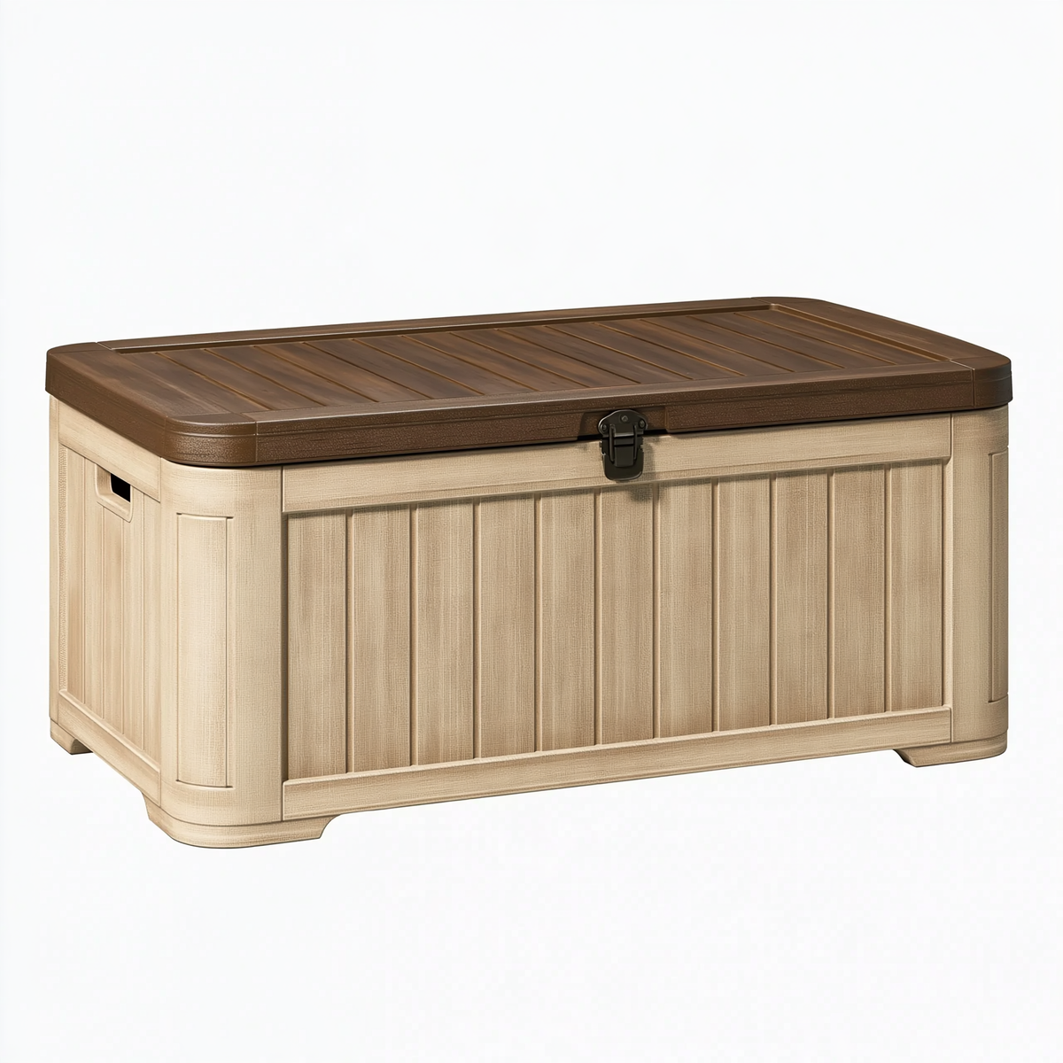 Cassapanca da esterno 120 x 60 x 63 cm in resina beige/marrone con coperchio e chiusura