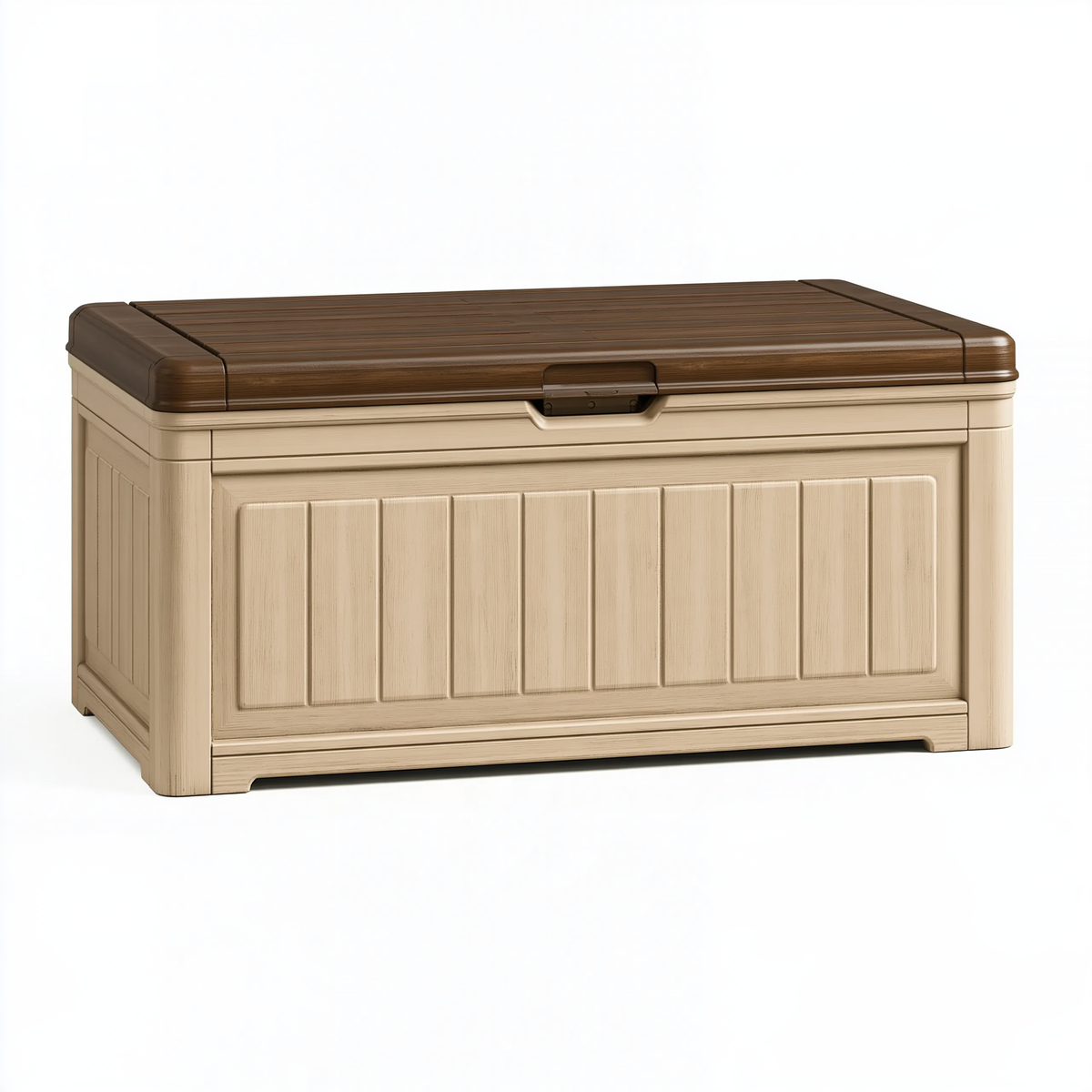 Cassapanca contenitore 130 x 70 x 70 cm in plastica beige/marrone effetto legno con coperchio