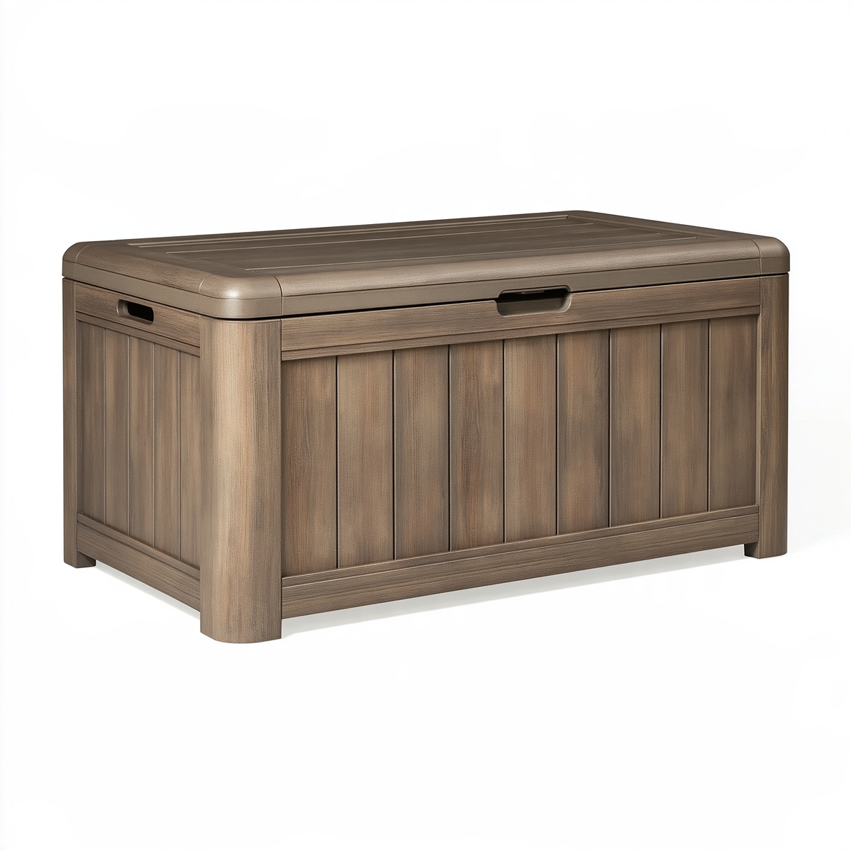 Cassapanca contenitore da esterno 120 x 60 x 65 cm in resina marrone effetto legno con coperchio