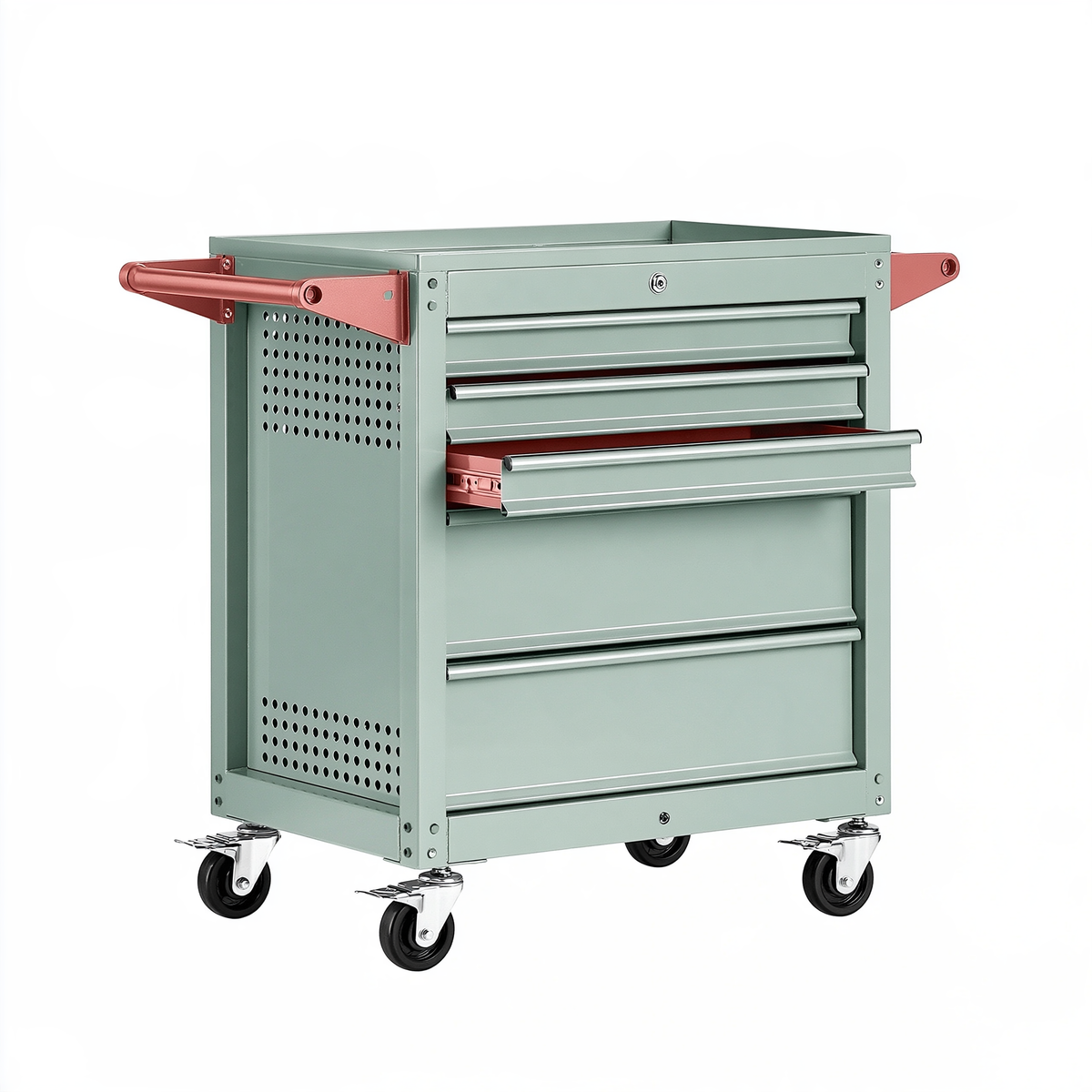 Carrello portautensili 80 x 45 x 95 cm in acciaio verde salvia con cassetti e ruote