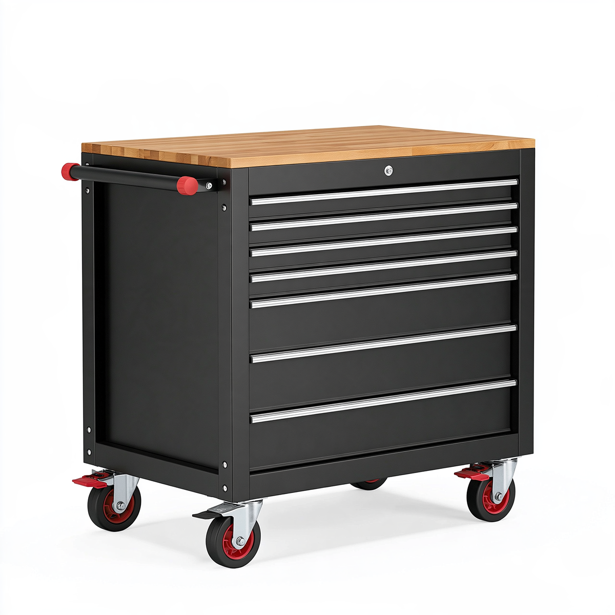 Carrello portautensili 90 x 46 x 100 cm in acciaio nero con piano in legno e 7 cassetti